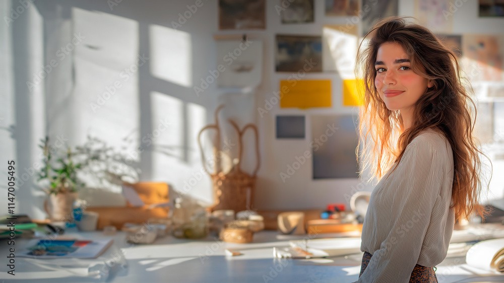 Woman looking at camera at her workplace. Entrepreneur day concept.
Woman looking at camera at her workplace. Entrepreneur day concept.