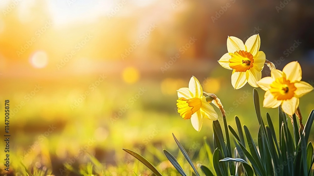Obraz premium Vivid yellow daffodils against a sun-kissed meadow backdrop, close-up shot, Minimalist style