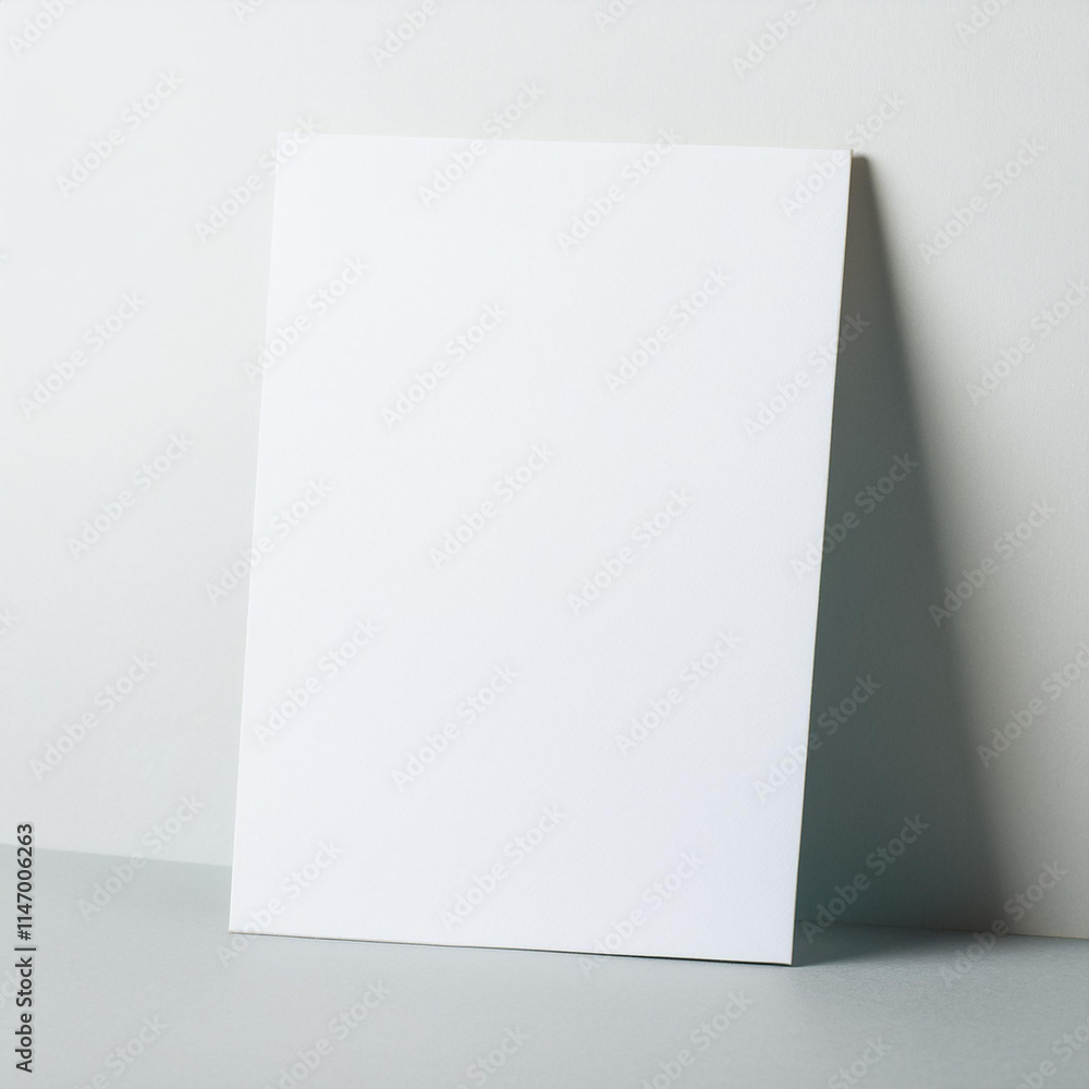 Blank white poster on light gray background. Empty canvas template. Mock-up. Blank white poster on light gray background. Empty canvas template. Mock-up.