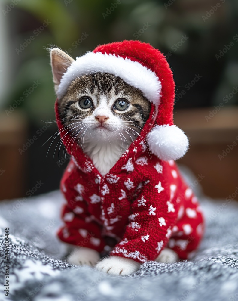 Cute kitten wearing christmas pajama costume with santa claus hat Cute kitten wearing christmas pajama costume with santa claus hat