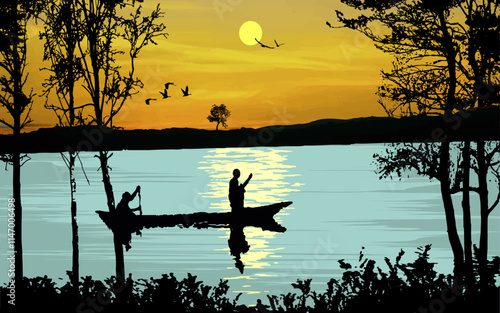 Sunset landscape beautiful sunset sunrise scenery fishermen with boat trees water reflection birds vector illustration