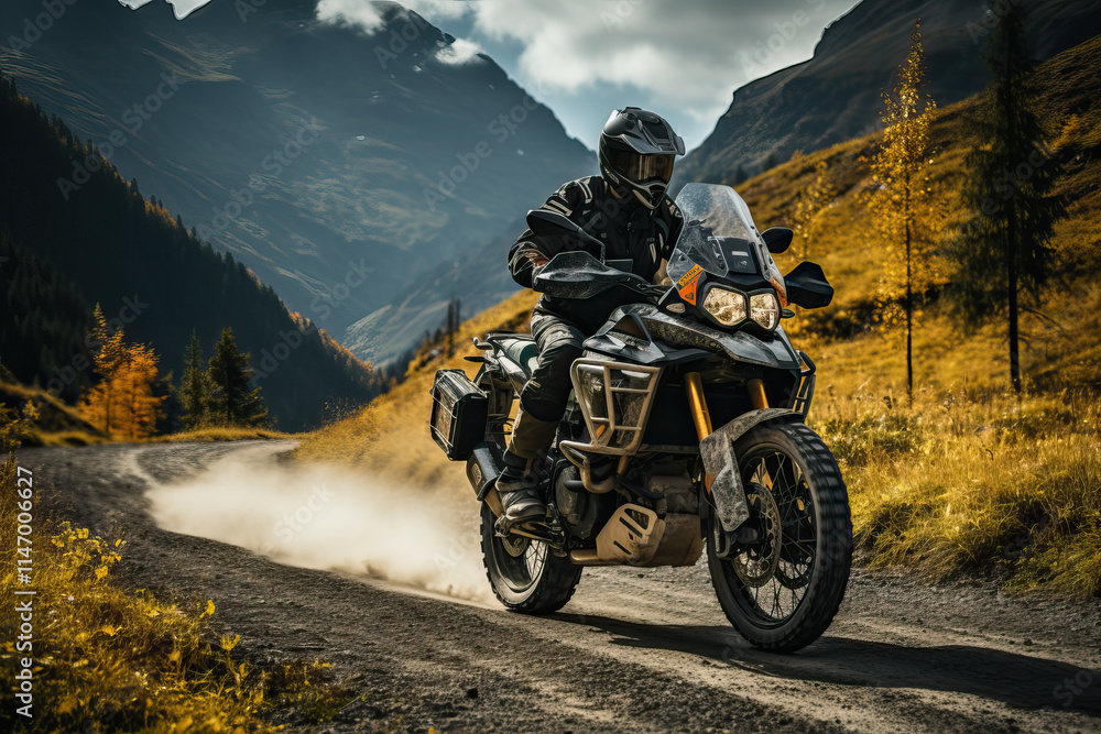 Obraz premium A motorcyclist, wearing protective gear, navigates a winding mountain road on a powerful adventure bike. The autumnal landscape is breathtaking.