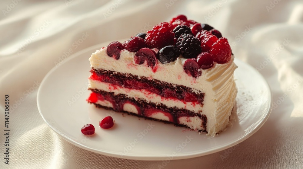 Tempting slice of layered cake topped with fresh berries and cream, perfect for dessert lovers and culinary presentations.