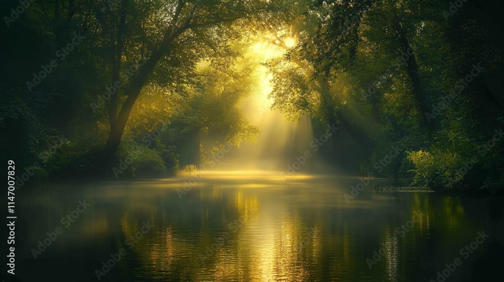 A forest with a stream of water and sunlight shining on it