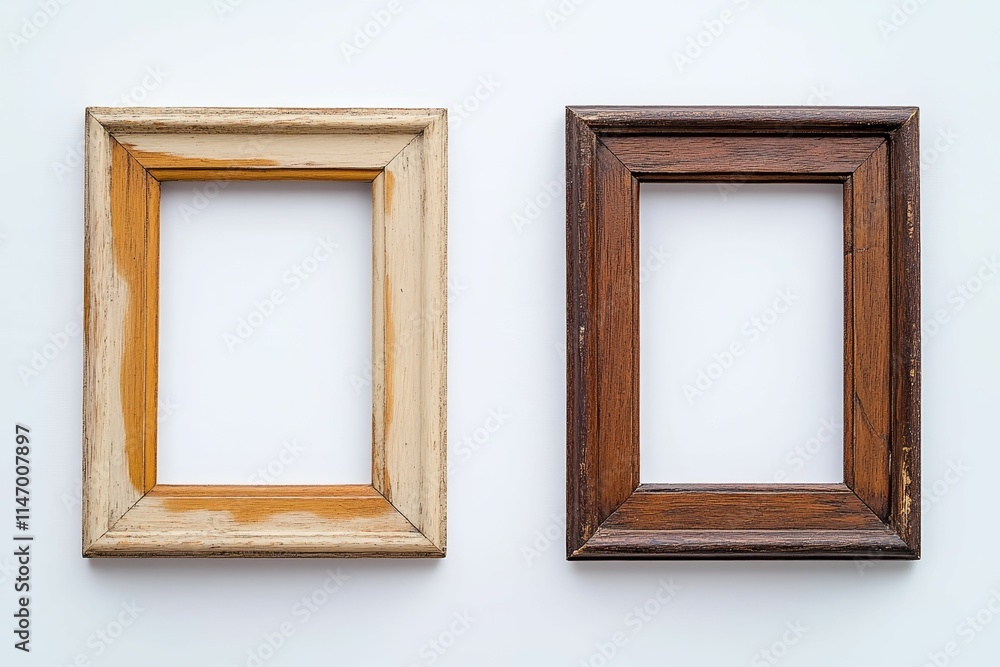 Two aged wooden picture frames, different colors. Two aged wooden picture frames, different colors.