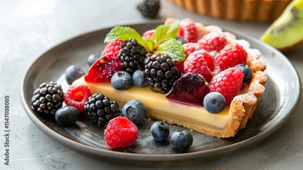 Clean and modern presentation of a slice of fruit tart on a plate Clean and modern presentation of a slice of fruit tart on a plate