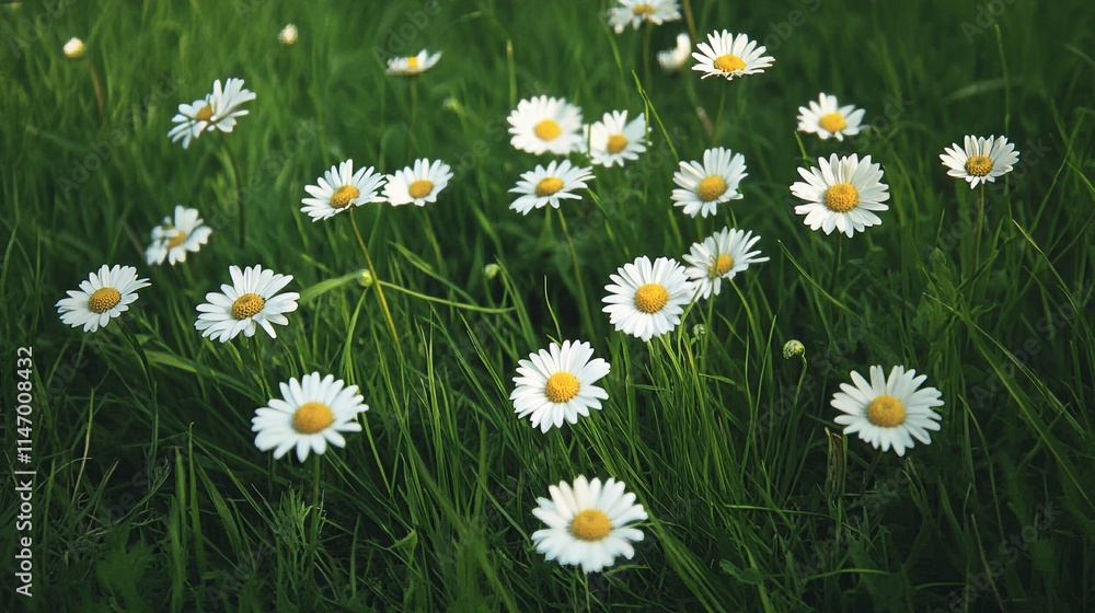 Fototapeta premium White daisies against a fresh green grass background, close-up shot, Minimalist style
