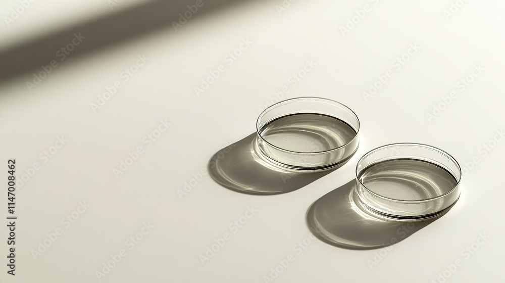 Two transparent dishes cast subtle shadows on smooth surface, sh Two transparent dishes cast subtle shadows on smooth surface, sh
