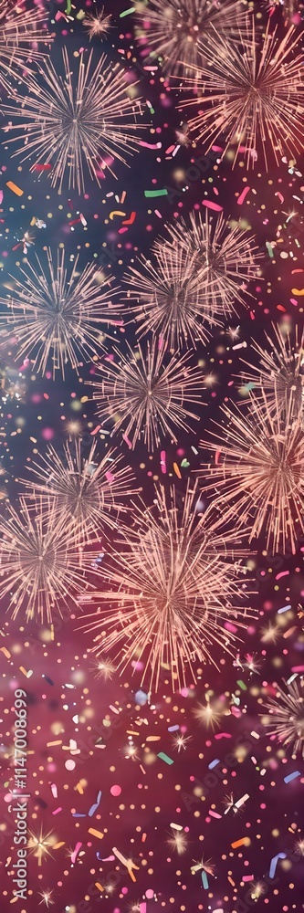 Fototapeta premium A festive background featuring fireworks, confetti, and streamers in vibrant colors, perfect for party invitations.