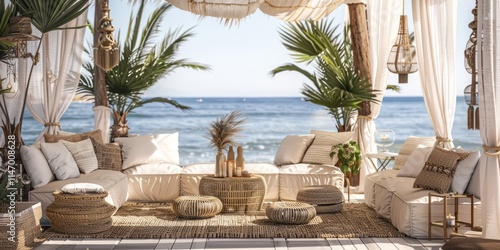 A beautifully decorated beachside lounge with comfortable seating, tropical plants, and ocean view, perfect for relaxation and leisure.