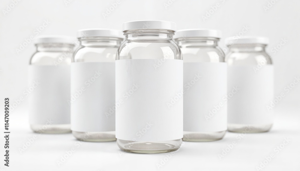 Row of clear glass jars mockup with blank labels Row of clear glass jars mockup with blank labels