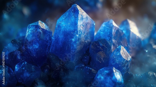 The image showcases striking blue crystals sparkling with light, set against a blurred background, creating a mesmerizing visual effect.