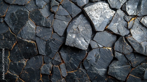 A close-up view of a textured black rock surface featuring various cracks and patterns, creating an abstract and dynamic visual effect.