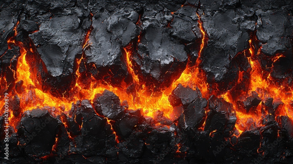 This image shows a surreal landscape of cracked black terrain illuminated by flowing molten lava, creating a striking visual of destruction and heat. This image shows a surreal landscape of cracked black terrain illuminated by flowing molten lava, creating a striking visual of destruction and heat.