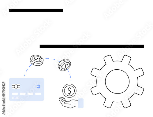 Credit card transferring coins to a hand with a large cogwheel. Ideal for finance, fintech, digital payments, financial management, automation, online transactions, business efficiency. Line metaphor