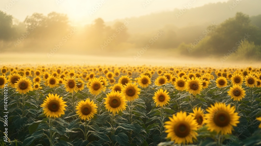 Fototapeta premium A field of sunflowers bathed in the golden light of sunrise with fog in the distance.