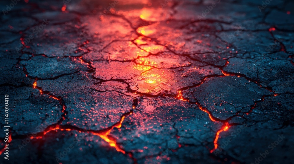 This image shows a vividly colored cracked terrain with glowing lava flows illuminating the dark surface. The scene conveys a sense of heat and destruction. This image shows a vividly colored cracked terrain with glowing lava flows illuminating the dark surface. The scene conveys a sense of heat and destruction.