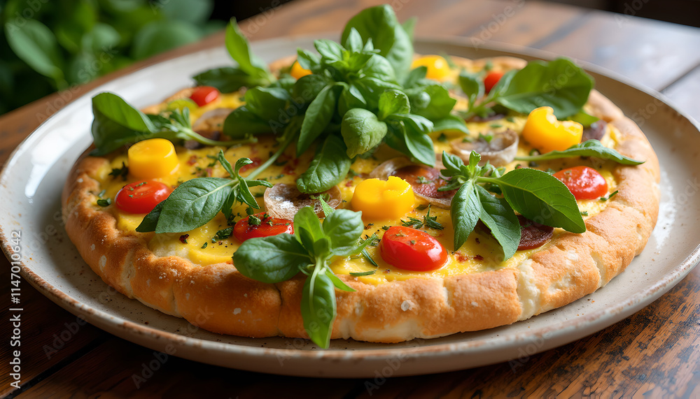 Fresh flatbread pizza with cherry tomatoes and basil leaves Fresh flatbread pizza with cherry tomatoes and basil leaves