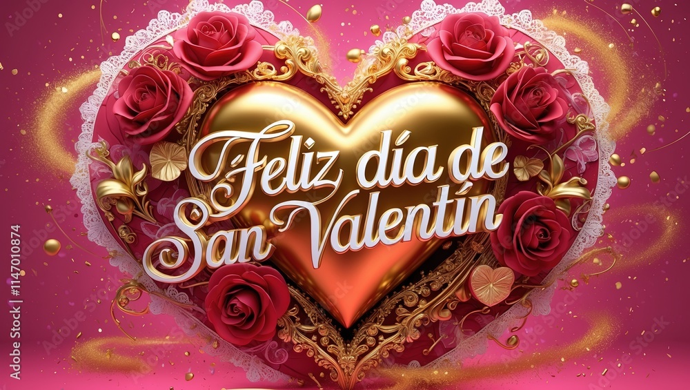 Hermosa tarjeta de Feliz Día de San Valentín con corazón dorado y rosas ...