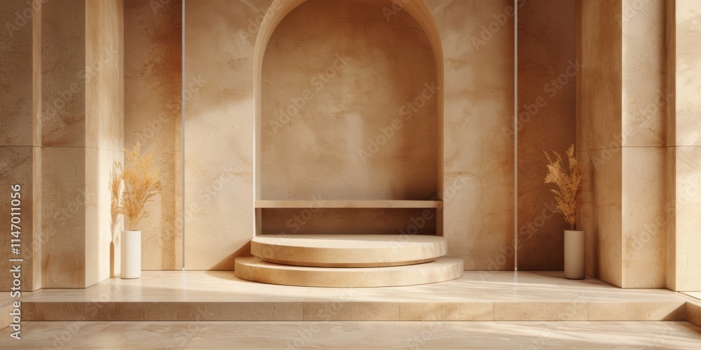 Obraz premium A serene minimalist interior featuring an arched alcove, soft lighting, and warm earth tones, creating a tranquil atmosphere.