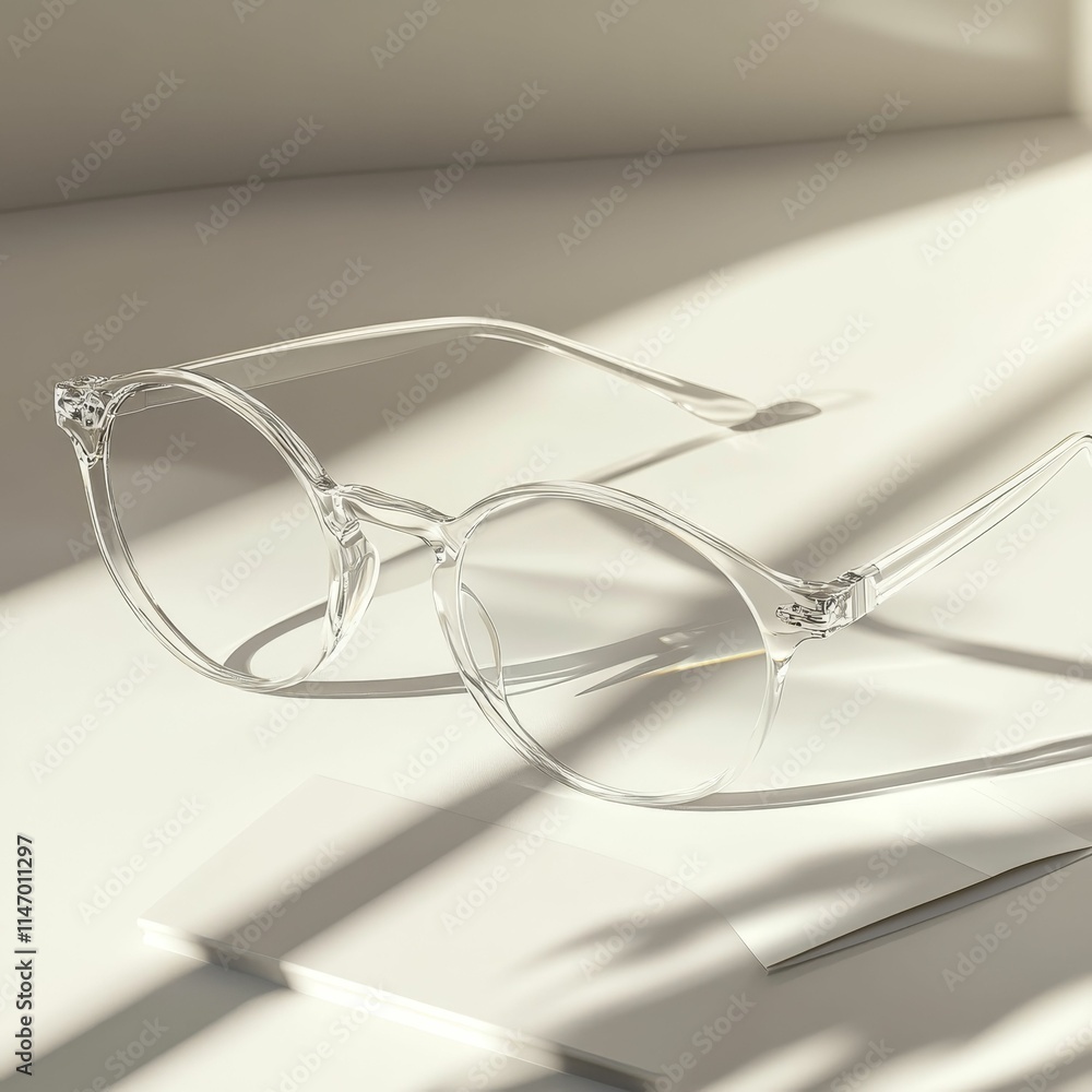 Clear glasses rest on pale surface, sunlight shadows. Clear glasses rest on pale surface, sunlight shadows.