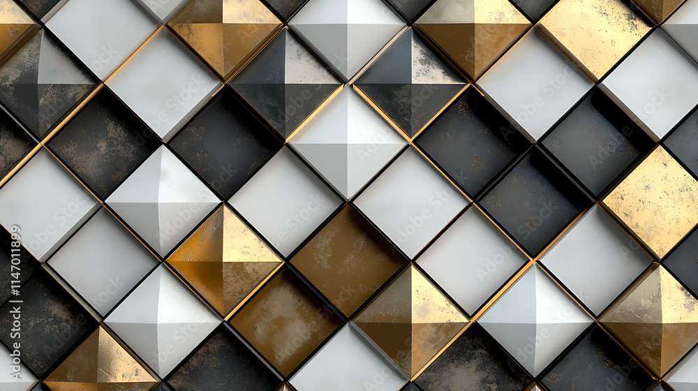 A gold and white patterned wall with black squares A gold and white patterned wall with black squares