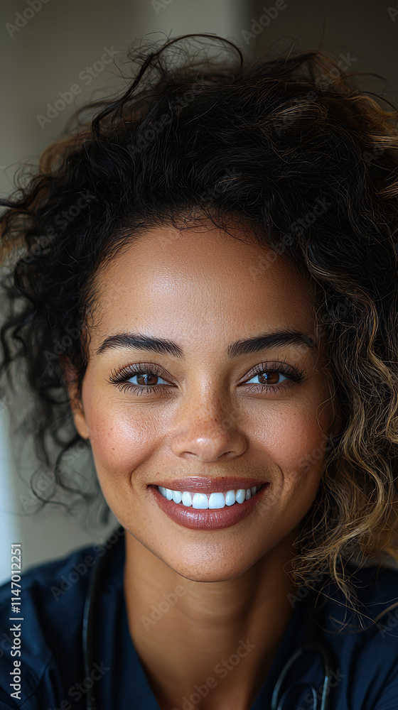 Smiling woman in professional attire exudes positivity and approachability Smiling woman in professional attire exudes positivity and approachability
