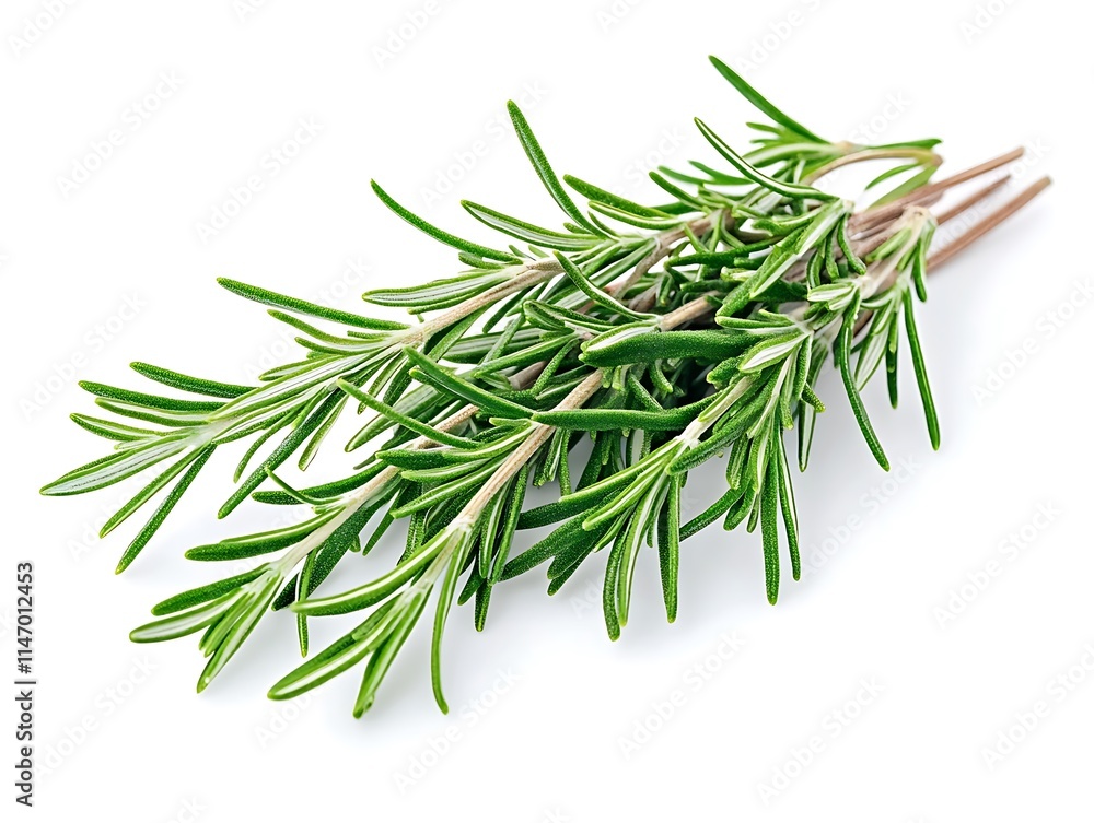 Fototapeta premium Close-up of high-resolution rosemary sprigs on white background, intricate and isolated, professional stock photo.