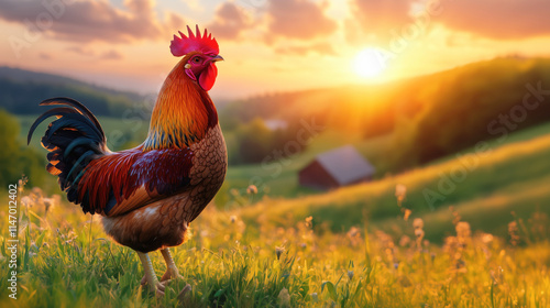 Proud rooster enjoying sunrise in green meadow
