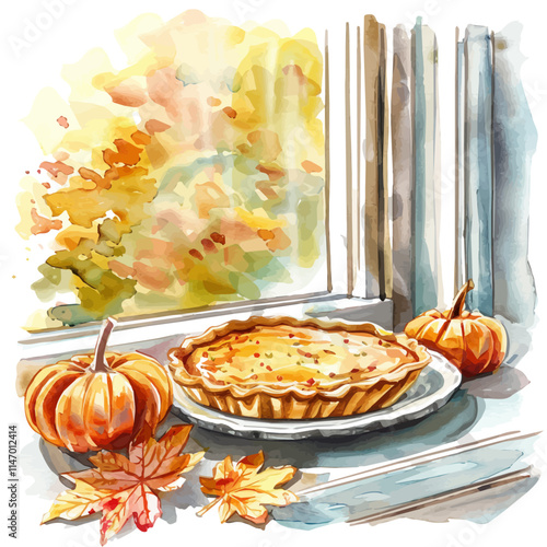 A watercolor vector painting of pumpkin pie cooling on a windowsill, isolated on a white background. Pumpkin pie vector.

