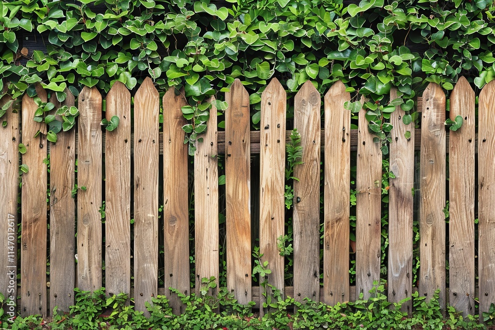 A rustic wooden fence adorned with vibrant green ivy and foliage, creating a natural and serene garden atmosphere. A rustic wooden fence adorned with vibrant green ivy and foliage, creating a natural and serene garden atmosphere.