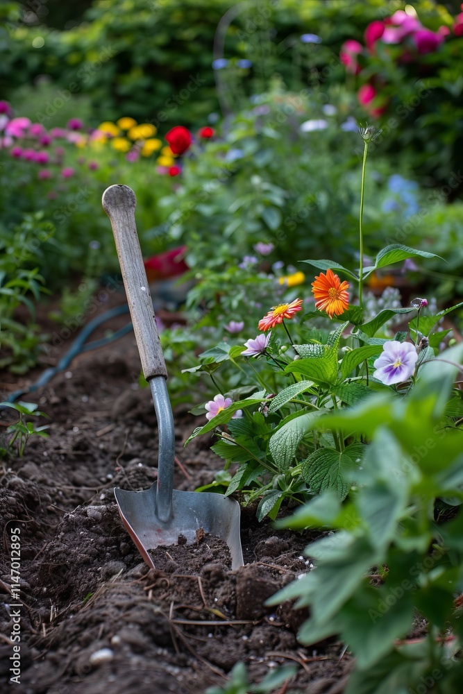 A gardening trowel stuck in soil amidst a vibrant flower garden with colorful blooms and lush greenery. A gardening trowel stuck in soil amidst a vibrant flower garden with colorful blooms and lush greenery.