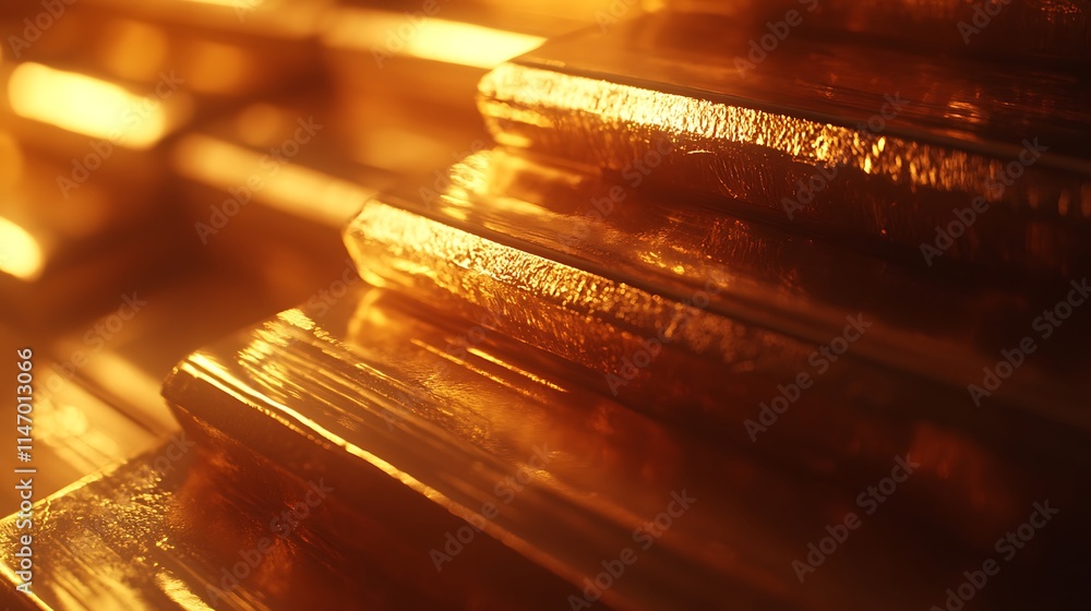 Closeup of smooth shiny gold bars stacked in rows glowing under soft ambient lighting Closeup of smooth shiny gold bars stacked in rows glowing under soft ambient lighting