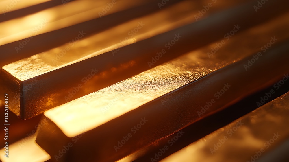 Closeup of smooth shiny gold bars stacked in rows glowing under soft ambient lighting Closeup of smooth shiny gold bars stacked in rows glowing under soft ambient lighting