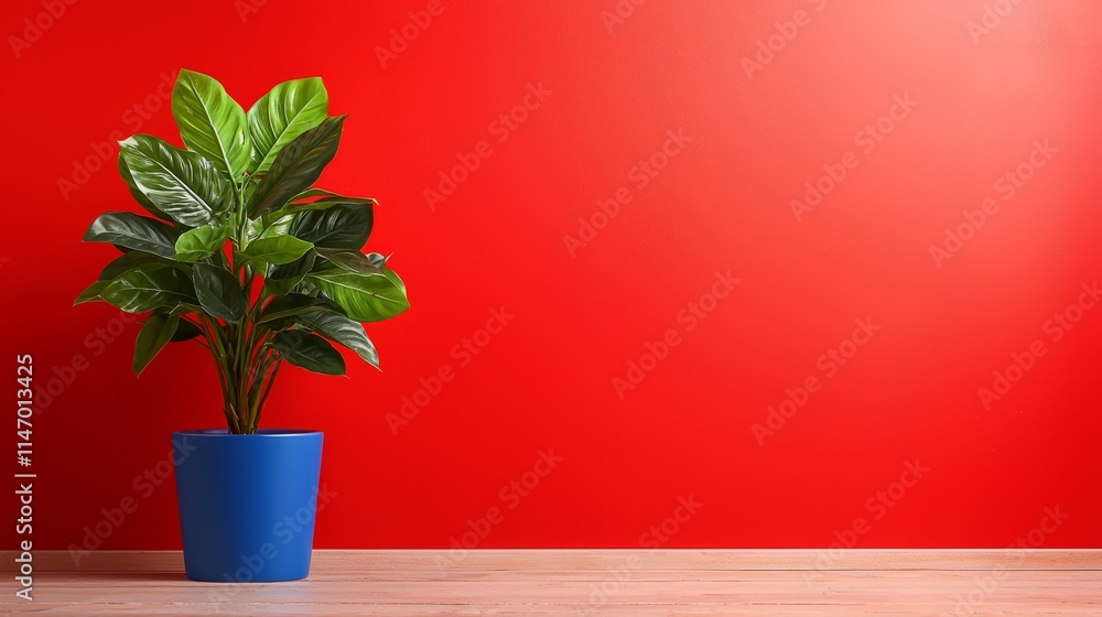 A potted plant sitting on a wooden floor in front of a red wall A potted plant sitting on a wooden floor in front of a red wall