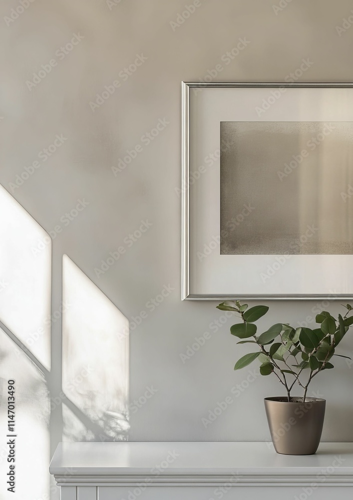 Neutral room, framed artwork, plant, white surface, sunlight. Neutral room, framed artwork, plant, white surface, sunlight.