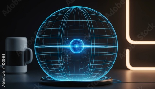 An AI-powered digital assistant represented as a glowing orb, with flowing lines connecting it to various devices, placing on the table with a cup of coffee photo