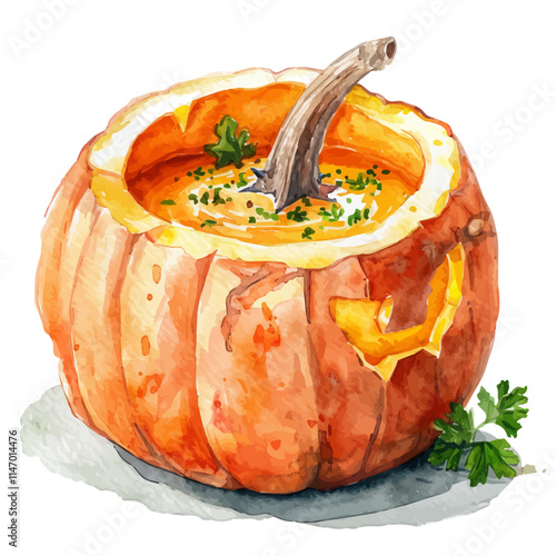 A watercolor vector painting of pumpkin soup served in a hollowed-out pumpkin, isolated on a white background. Pumpkin soup vector.

