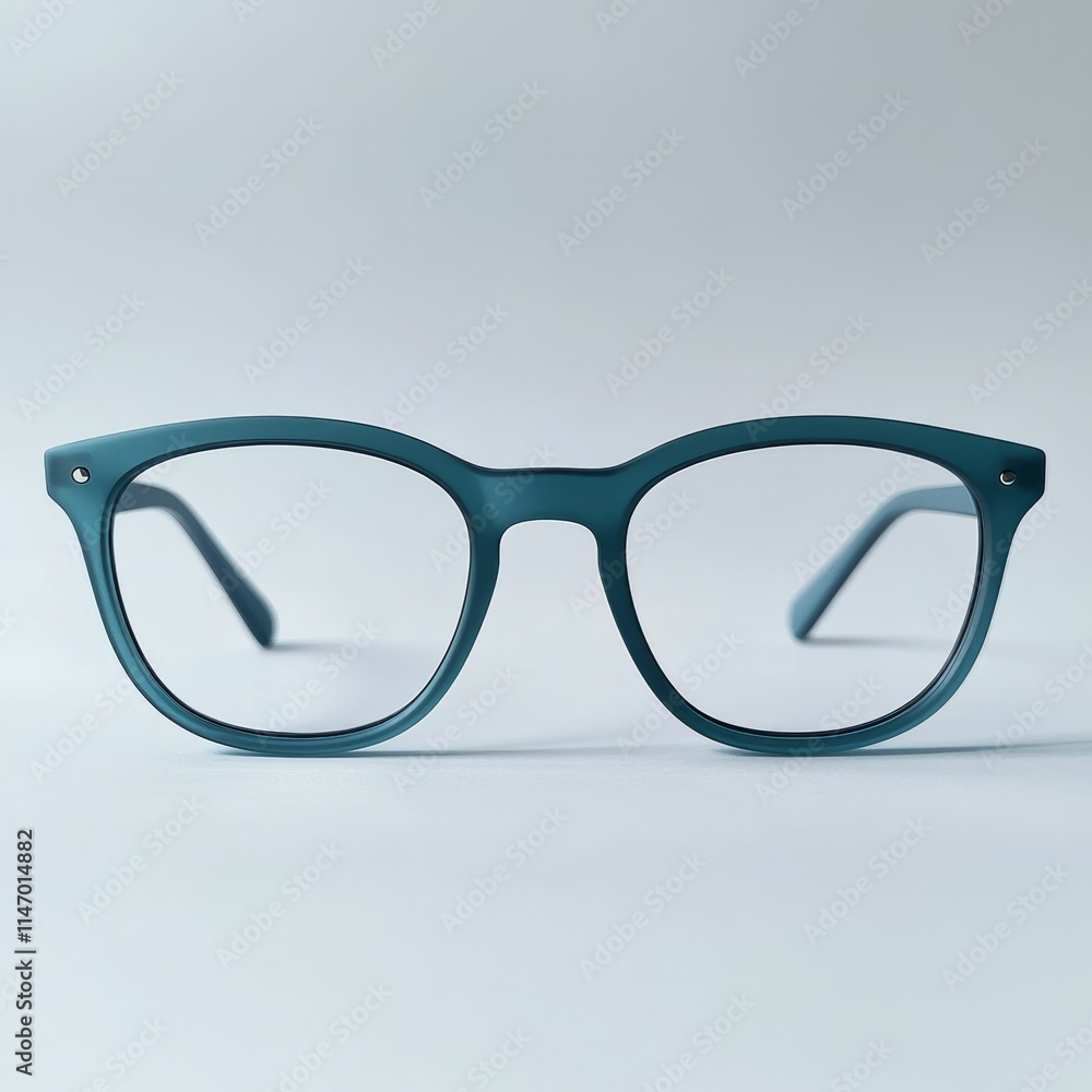 Teal eyeglasses, rounded frames, light background. Teal eyeglasses, rounded frames, light background.