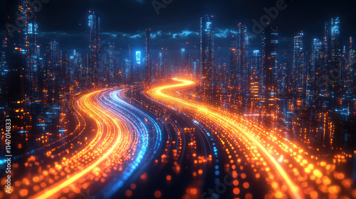 Futuristic city at night with glowing roads.