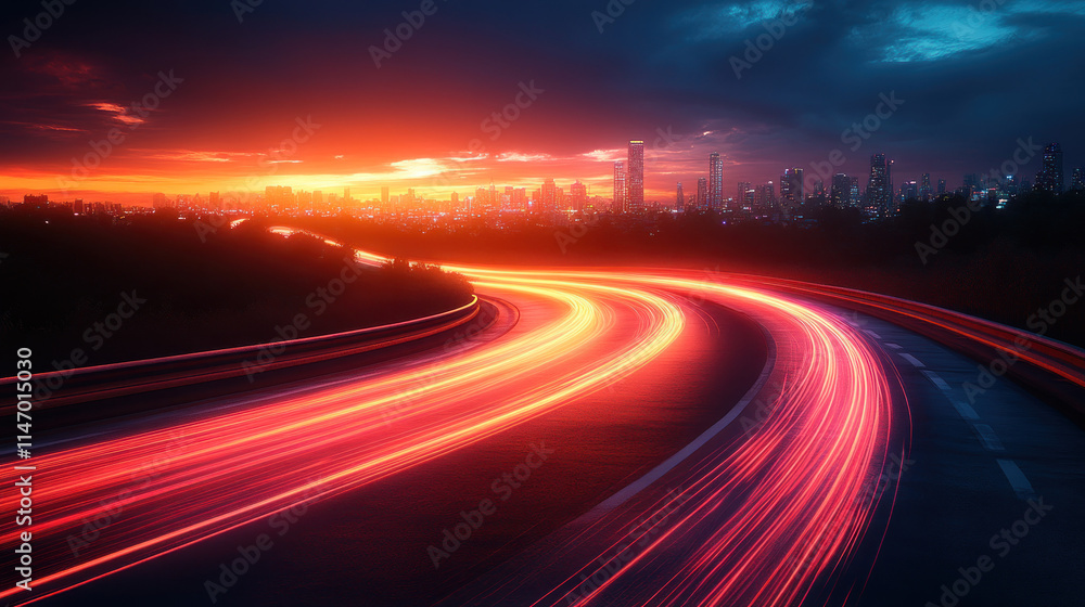 Dramatic sunset cityscape with curving highway and speeding car light trails. Dramatic sunset cityscape with curving highway and speeding car light trails.