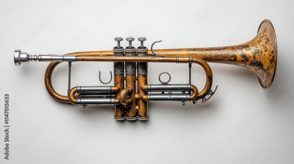 Obraz premium Vintage trumpet with aged gold finish, valves, and mouthpiece, isolated on white background.