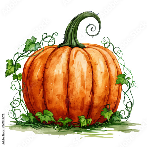 A watercolor vector painting of a pumpkin with green vines twisting around it, isolated on a white background. Pumpkin vector.

