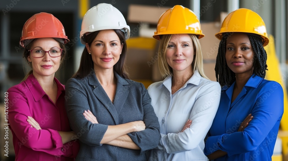 Four women in hard hats stand confidently in an industrial setting, showcasing empowerment. Four women in hard hats stand confidently in an industrial setting, showcasing empowerment.