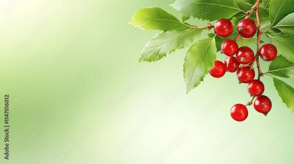 Obraz premium A bunch of red berries on a branch with green leaves