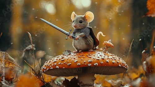 A Mouse Knight Standing on a Mushroom with a Glowing Sword