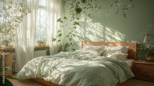 A tranquil bedroom features a wooden bed covered with soft bedding surrounded by lush indoor plants, bathed in sunlight with earthy tones. photo