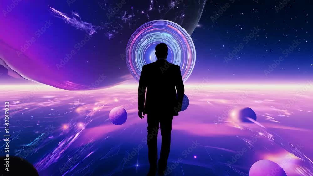 Journeying through the vast cosmic realms, a lone figure stands in silhouette, surrounded by breathtaking and vibrant celestial landscapes Journeying through the vast cosmic realms, a lone figure stands in silhouette, surrounded by breathtaking and vibrant celestial landscapes
