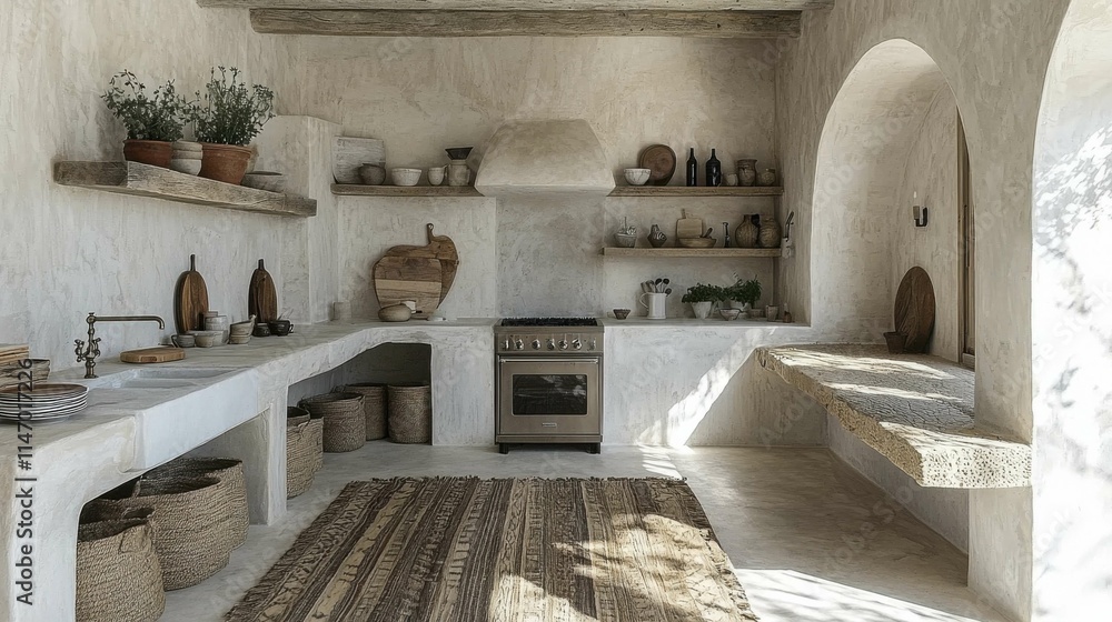 A serene kitchen featuring earthy tones and organic shapes, showcasing natural elements and indoor plants for a biophilic design. Simple and inviting space. A serene kitchen featuring earthy tones and organic shapes, showcasing natural elements and indoor plants for a biophilic design. Simple and inviting space.