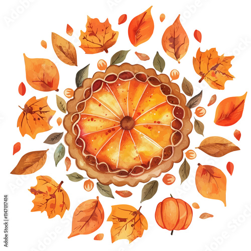 A watercolor vector painting of a pumpkin-themed tart surrounded by autumn leaves, isolated on a white background. Pumpkin tart vector.

